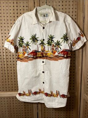 High Surf Men’s L Hawaiian Shirt Retro Woodie Cars Surfboards Palm Trees 90s